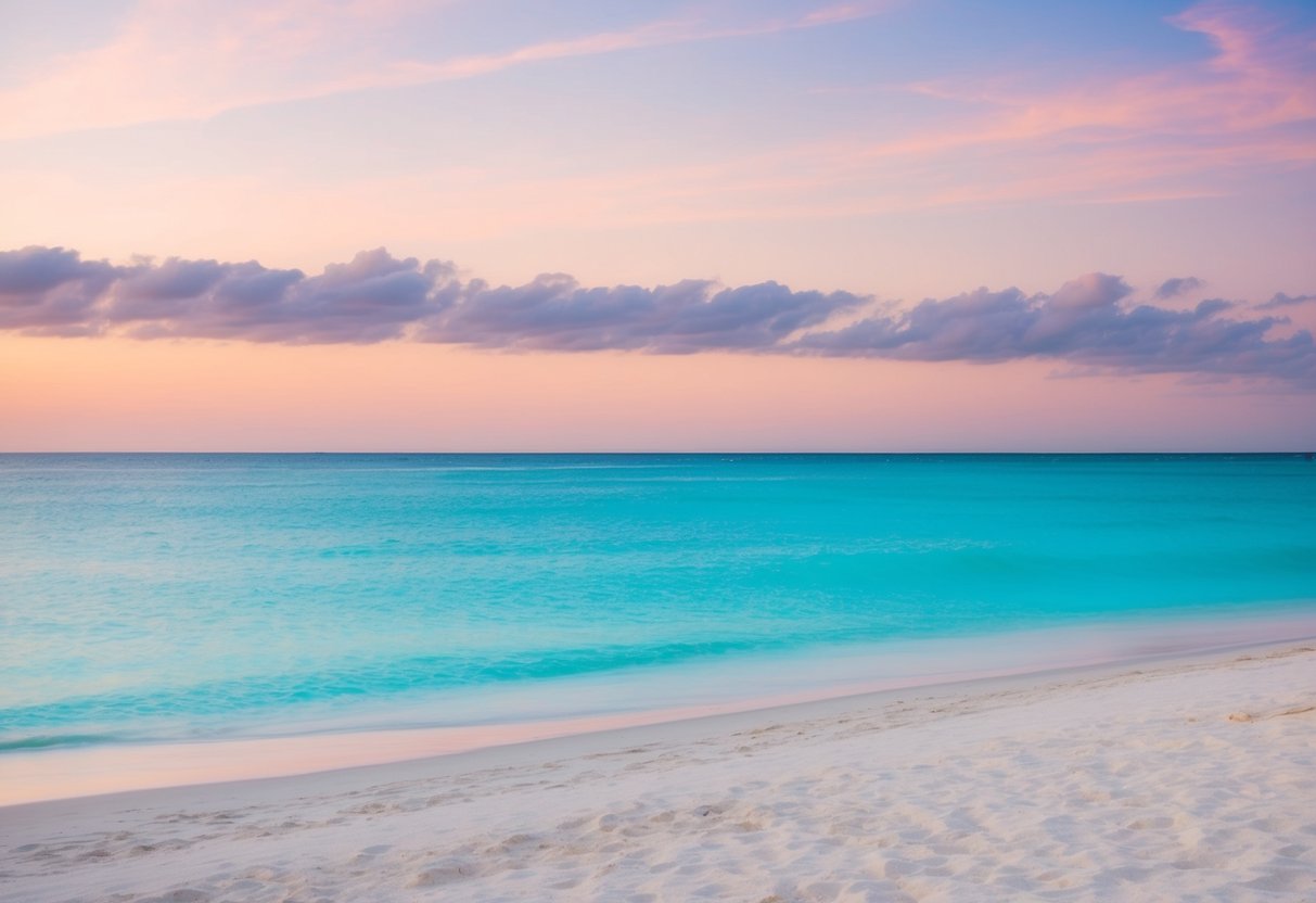 A serene beach at sunset with a pastel sky, turquoise waters, and soft sandy shores