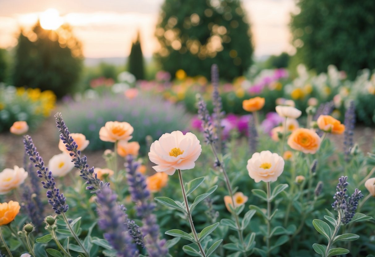 A garden filled with blooming flowers in shades of peach, lavender, and sage green, with a soft sunset casting a warm glow over the scene