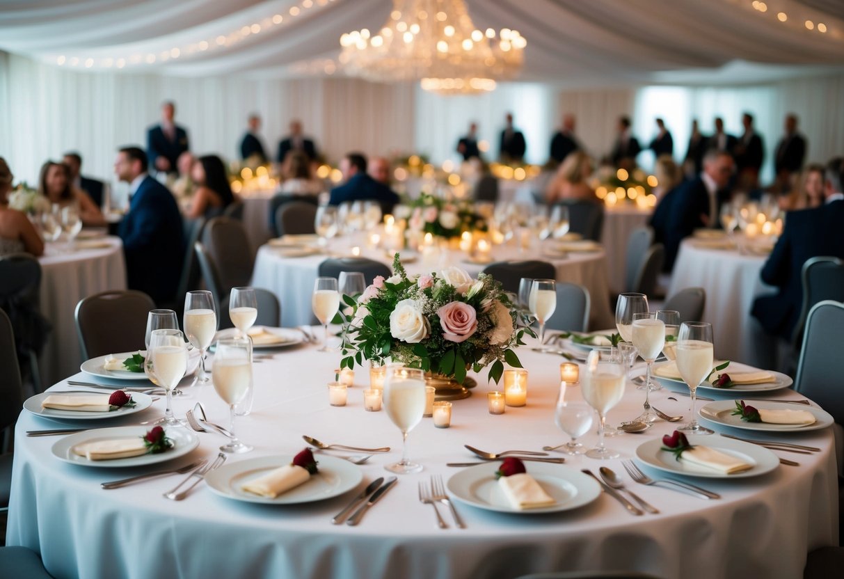 A wedding banquet table set for 50 guests with elegant place settings, floral centerpieces, and soft candlelight