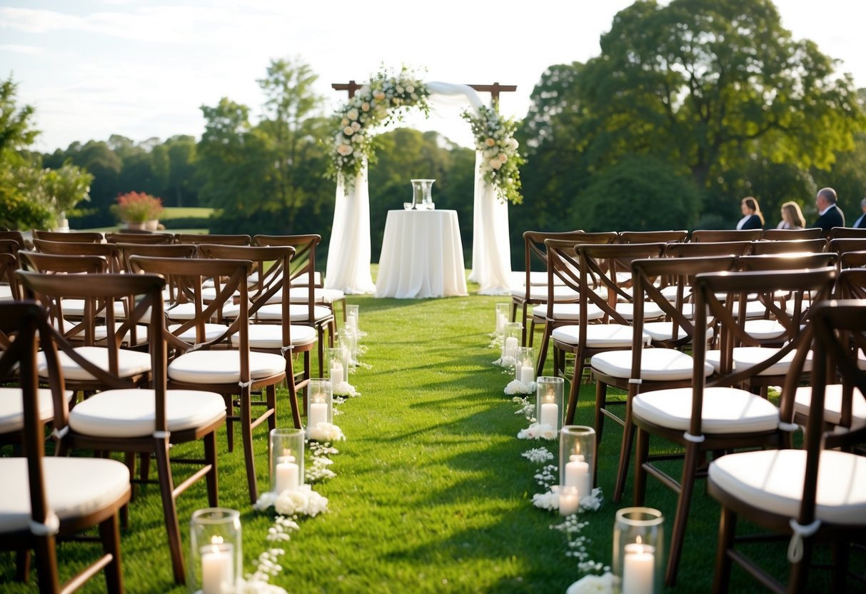 A charming outdoor wedding venue with rows of seating and a beautiful arch for the ceremony