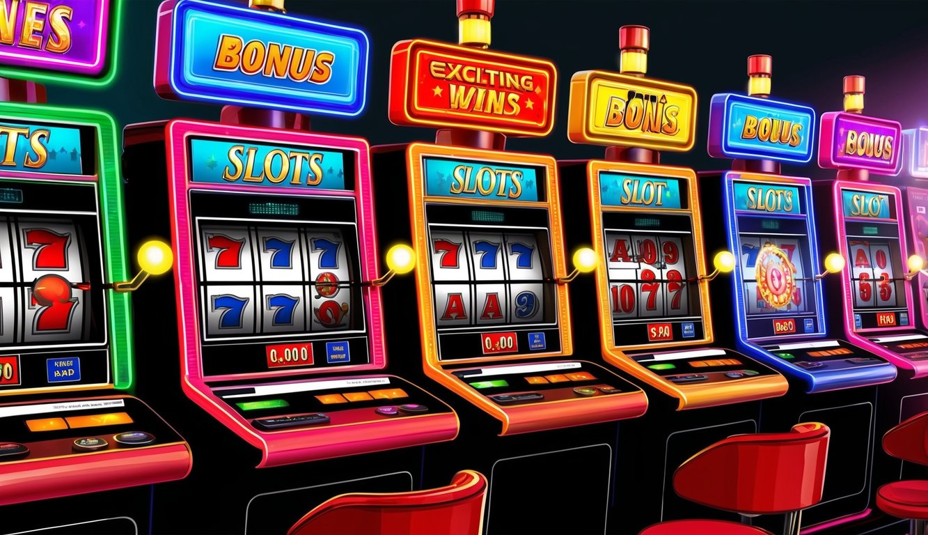 Mesin slot berwarna-warni dengan lampu berkedip dan fitur bonus yang menarik