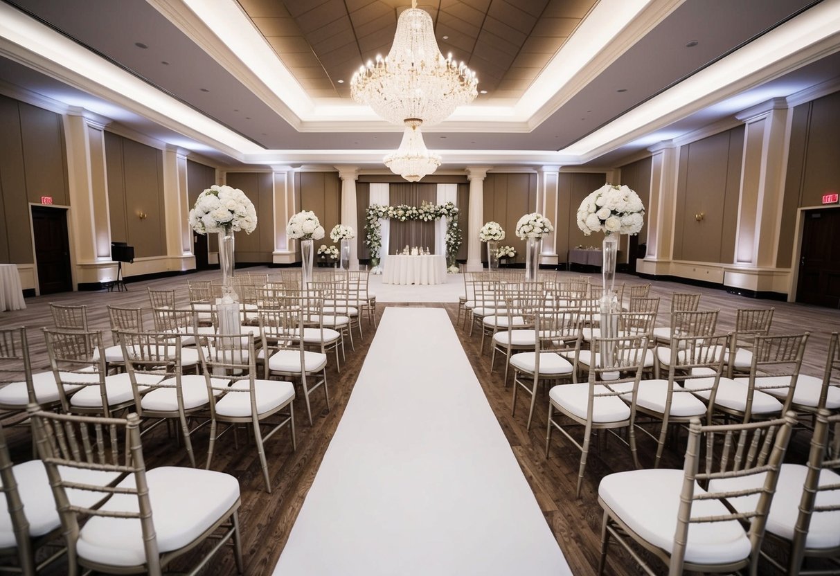 A grand wedding venue with a spacious ceremony area and a large reception hall, adorned with elegant decor and seating for a moderate-sized guest list