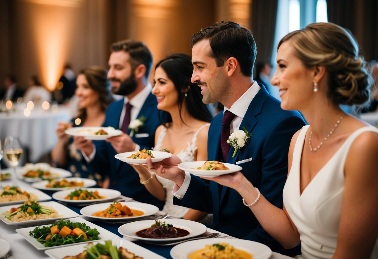 A couple samples various dishes at a wedding food tasting event
