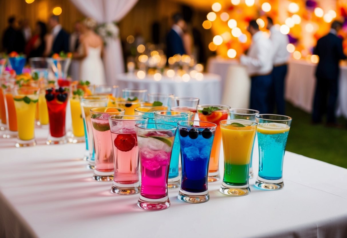 A table with rows of glasses, each filled with colorful drinks, set against a backdrop of a festive wedding reception
