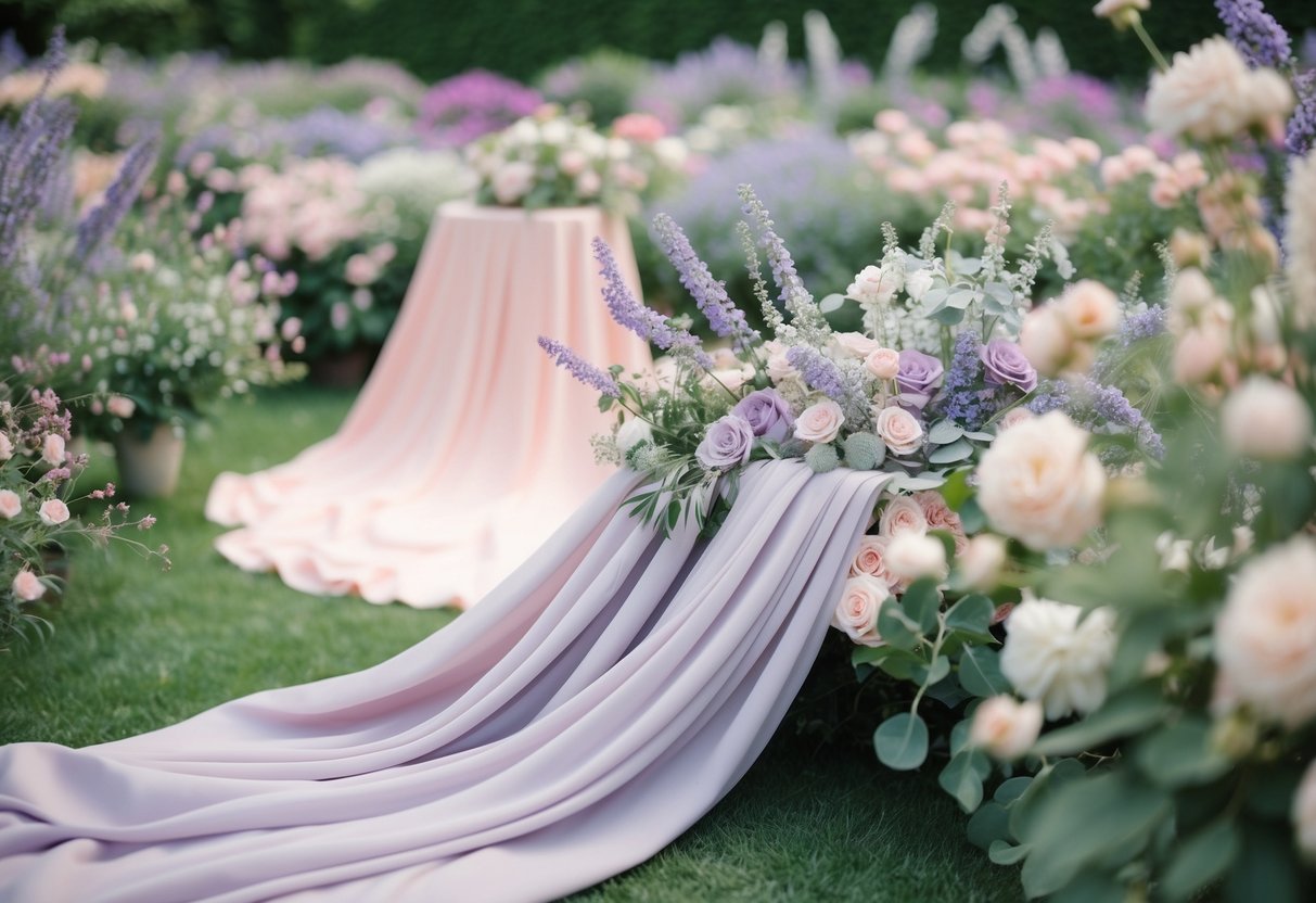 A garden filled with pastel florals and flowing fabrics in shades of soft lavender, blush pink, and sage green
