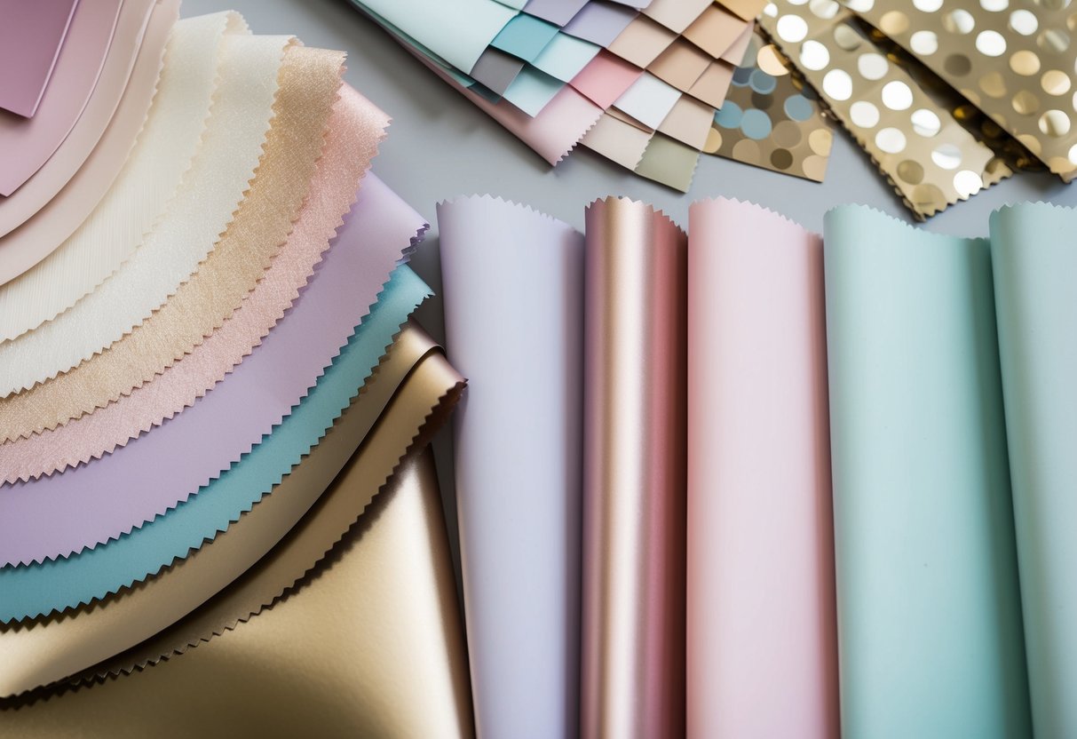 A palette of soft pastel hues and metallic accents, arranged in elegant swatches and fabric samples