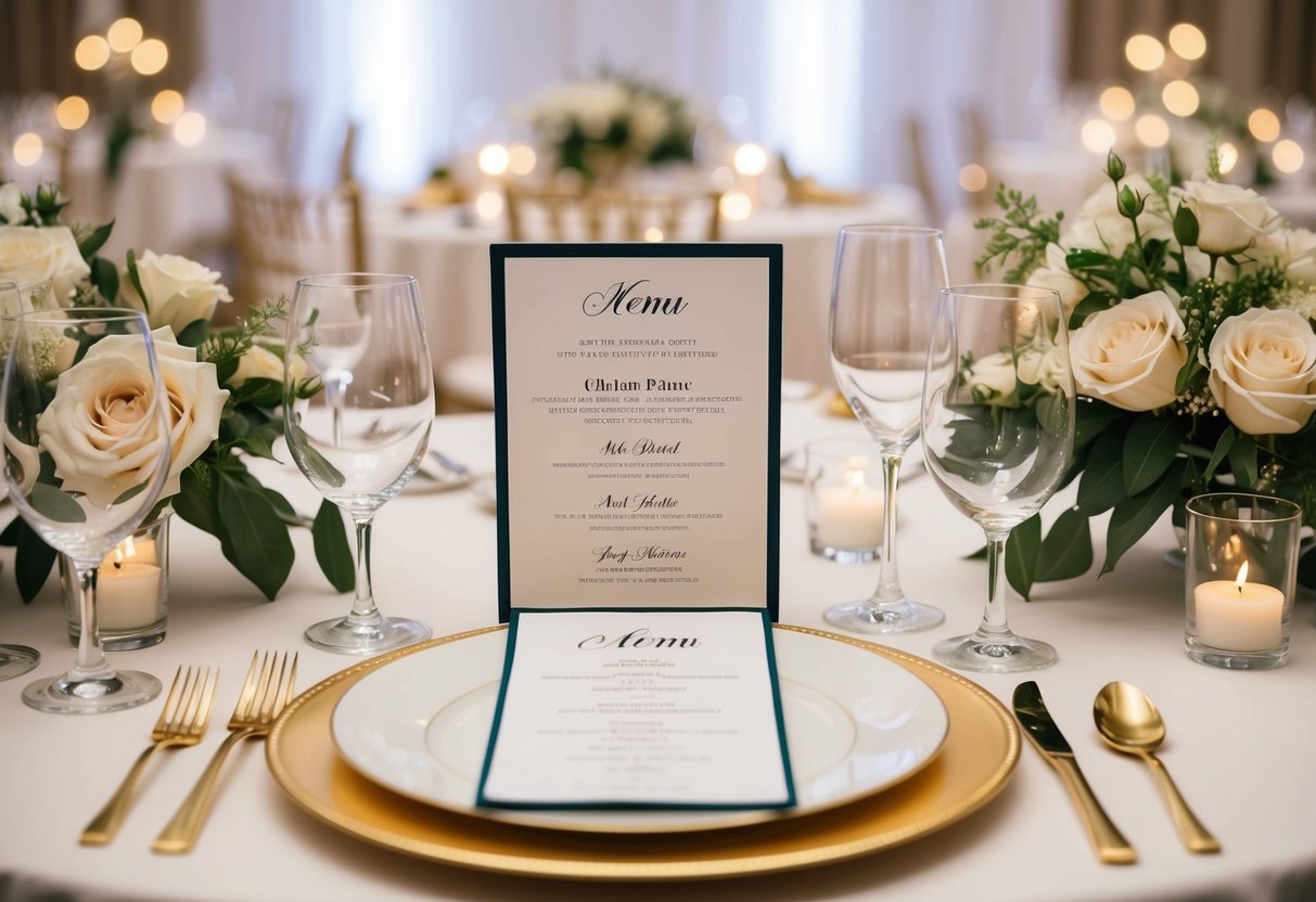 A beautifully set wedding reception table with elegant place settings and a menu card indicating a paid dinner option