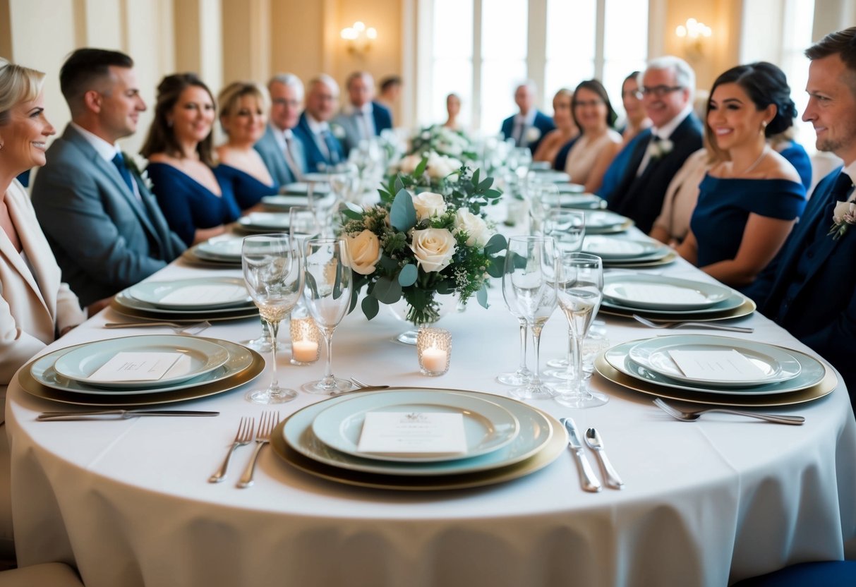 A beautifully set wedding dinner table with empty plates and elegant place settings, surrounded by expectant guests