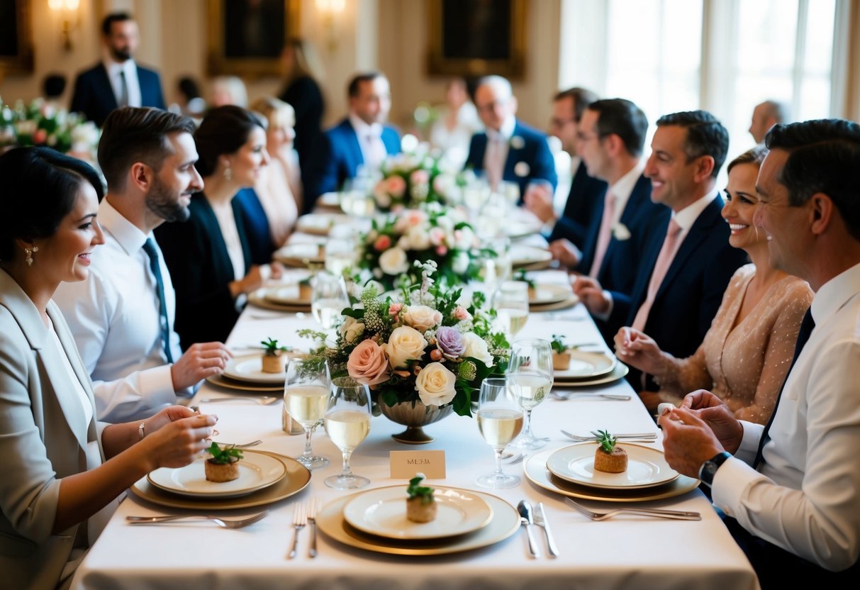 A beautifully set dinner table with elegant place settings and floral centerpieces, surrounded by guests engaged in conversation and enjoying their meals
