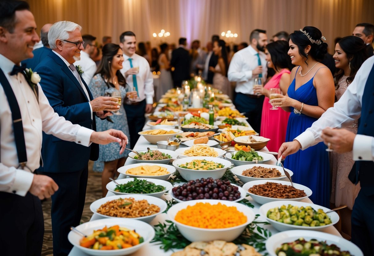 A diverse array of food and drink options spread out on a long table at a wedding reception, with guests of all ages and backgrounds mingling and enjoying the festivities