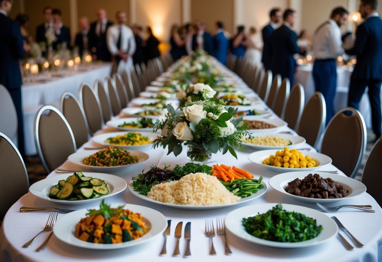 A wedding banquet with a diverse array of food options, including vegetarian, vegan, gluten-free, and other dietary choices