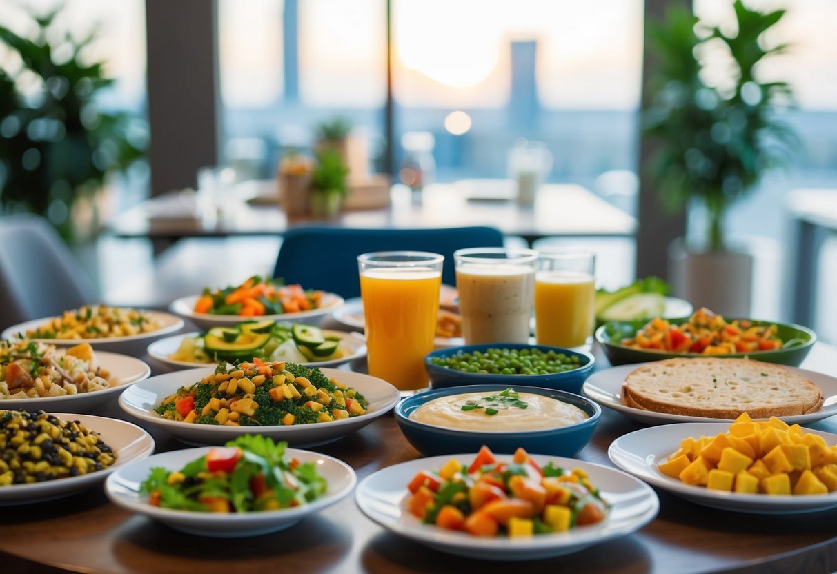 A diverse array of food and drink options are laid out on a table, including vegetarian, gluten-free, and dairy-free options