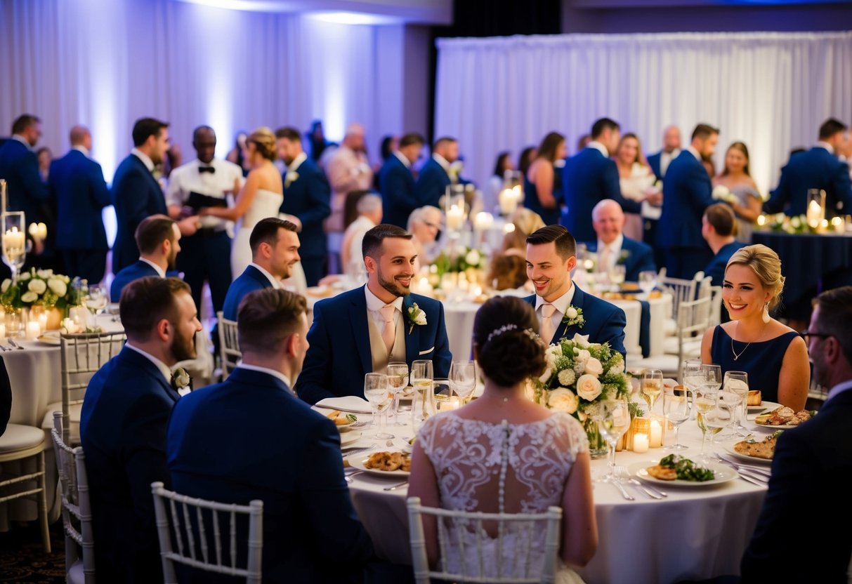 A bustling wedding reception with tables set for a diverse crowd, a variety of food stations, and staff serving guests with different dietary needs