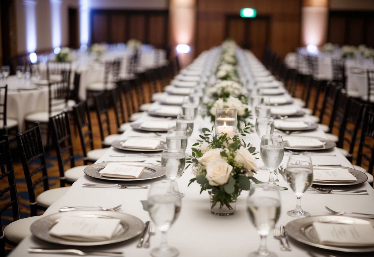 A large banquet hall with rows of tables set for a wedding, each adorned with glasses filled with water
