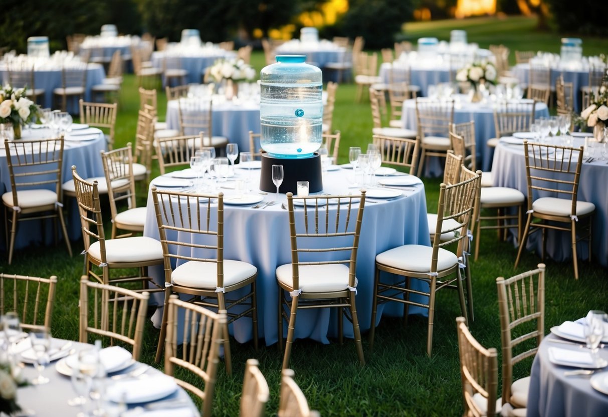 A group of 150 chairs arranged in a wedding setting, with tables and place settings, and a large water dispenser or multiple water pitchers
