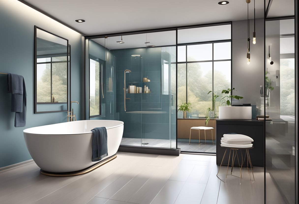 A modern bathroom with a sleek, freestanding bathtub, a large glass-enclosed shower, a stylish vanity with a mirror, and contemporary fixtures