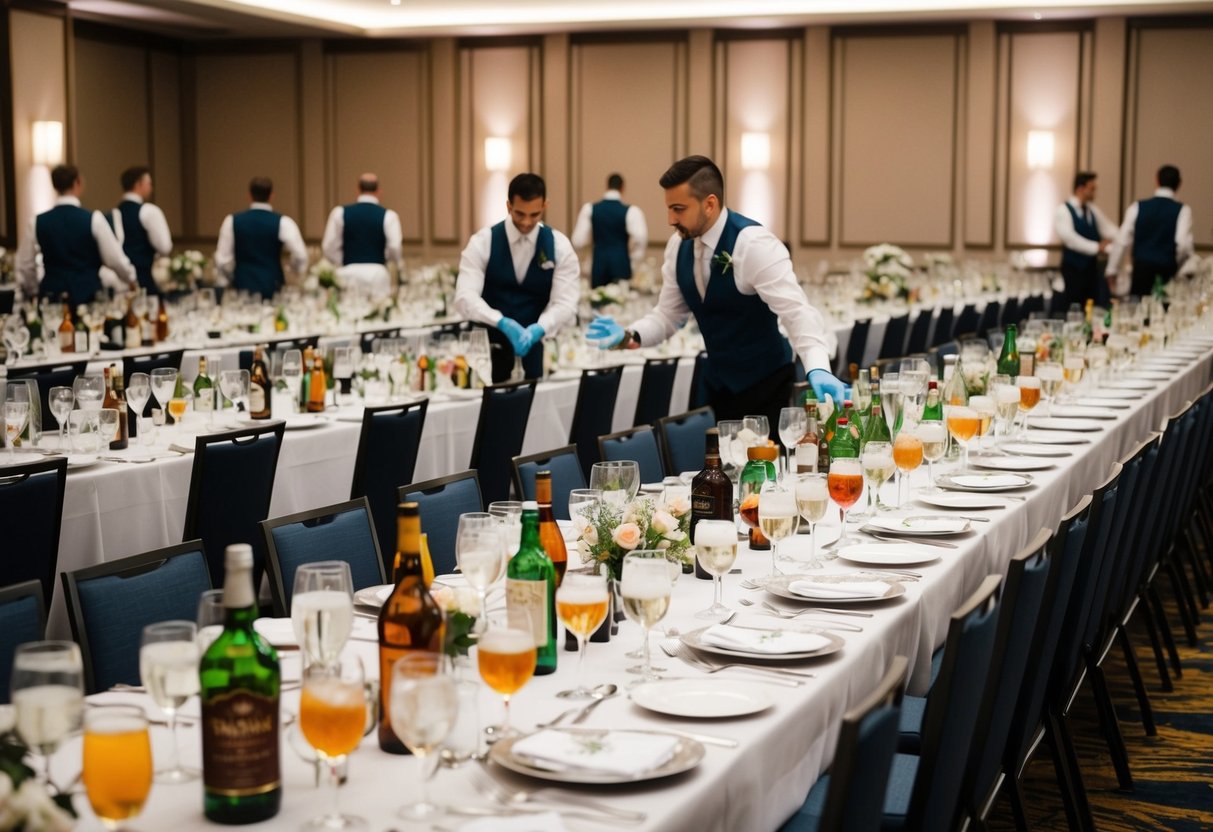 A large banquet hall with rows of tables, each adorned with glasses filled with various alcoholic and non-alcoholic beverages. Staff members are bustling about, refilling water glasses for the 150-person wedding