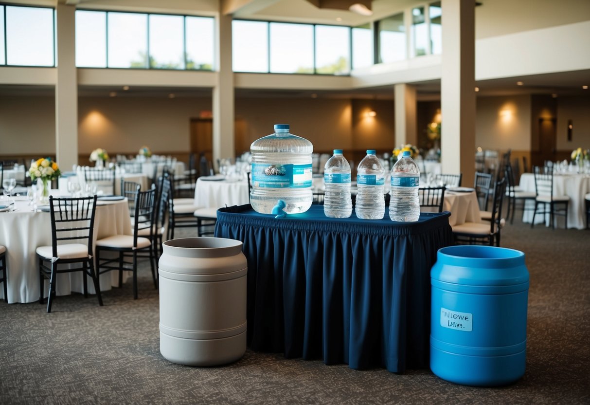 A large wedding venue with tables and chairs set up, along with a water station and containers to hold enough water for 150 people
