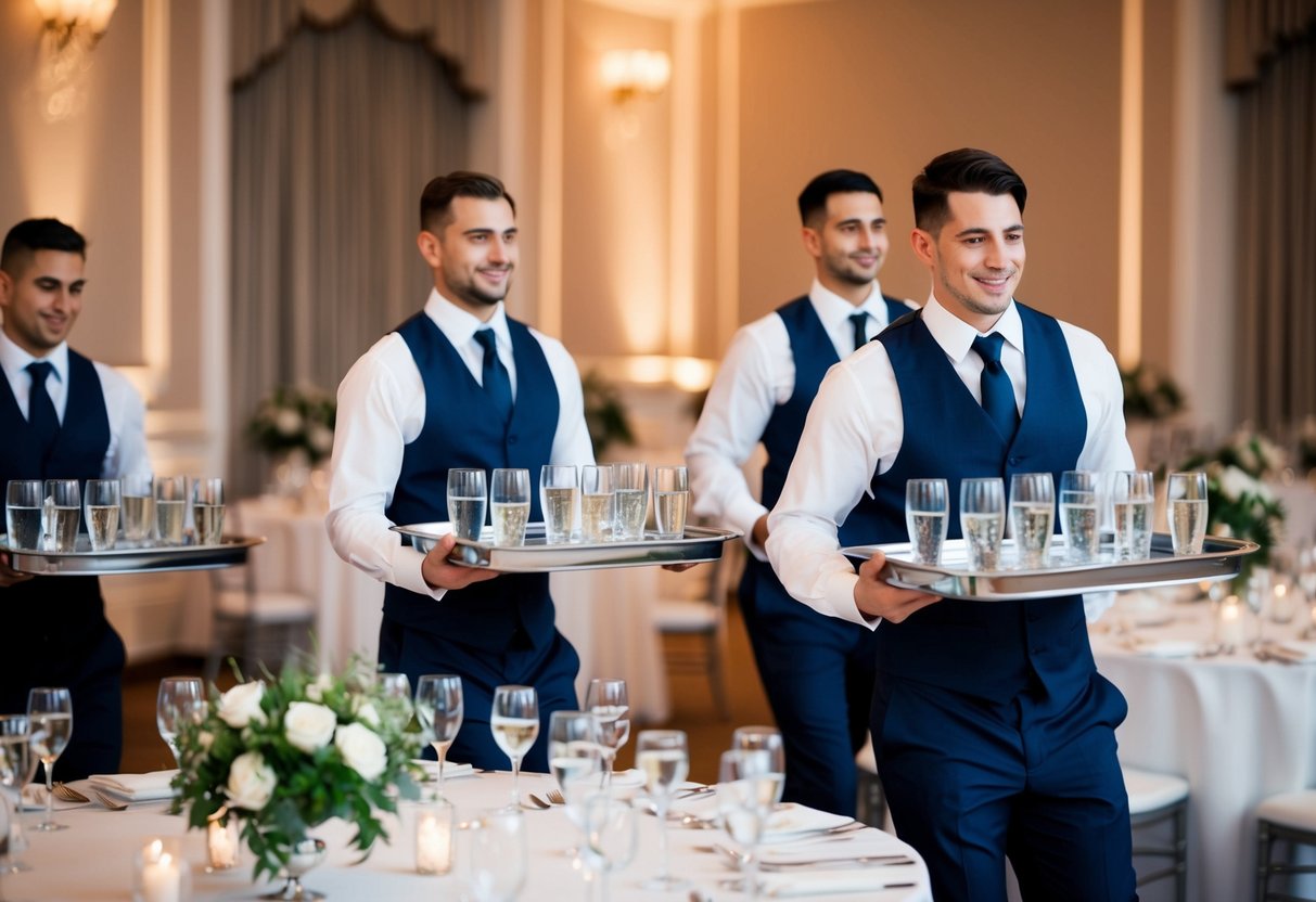 Wait staff carrying trays of water glasses to tables at a wedding reception with elegant presentation