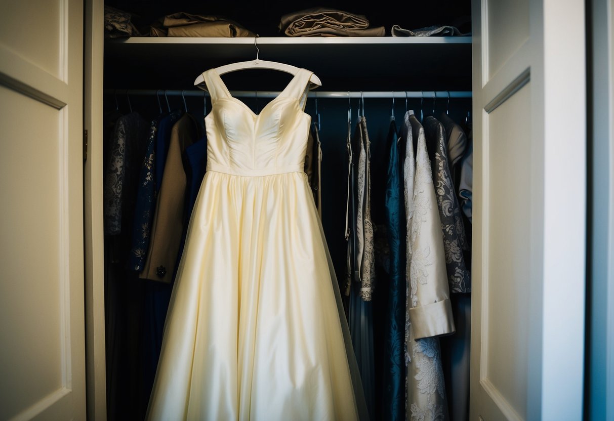An old wedding dress hangs in a dimly lit closet, its once pristine white fabric now tinged with a yellow hue, surrounded by other forgotten garments