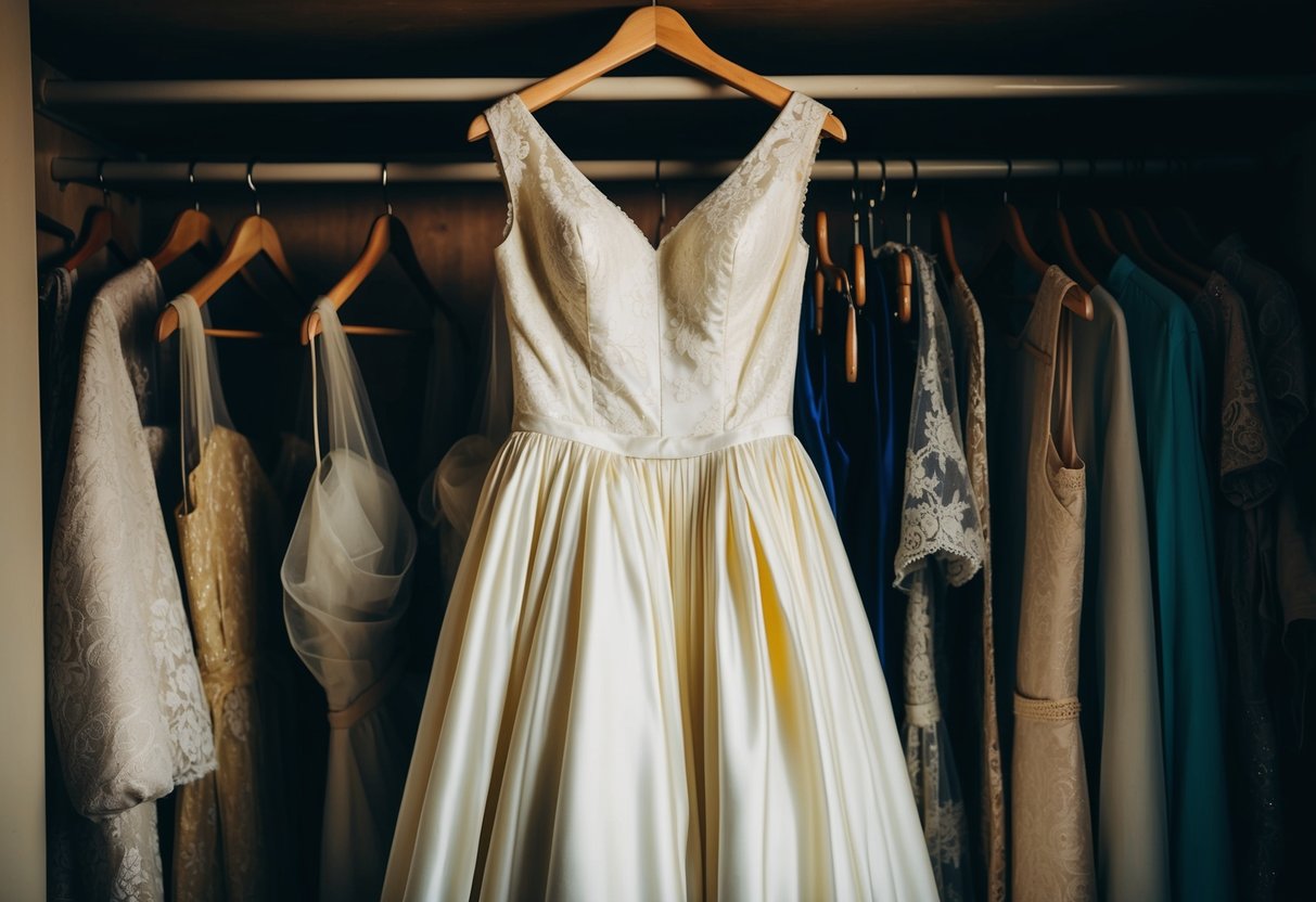 A vintage wedding dress hanging in a dimly lit closet, its once pristine white fabric now tinged with a yellow hue, surrounded by other forgotten garments