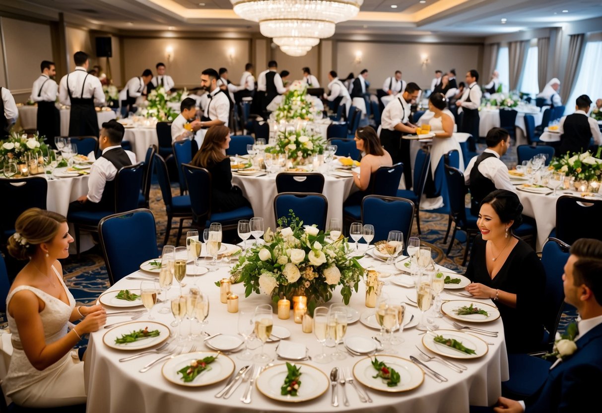 A wedding banquet with tables set for a large number of guests, adorned with elegant tableware, and a team of caterers busy preparing and serving food