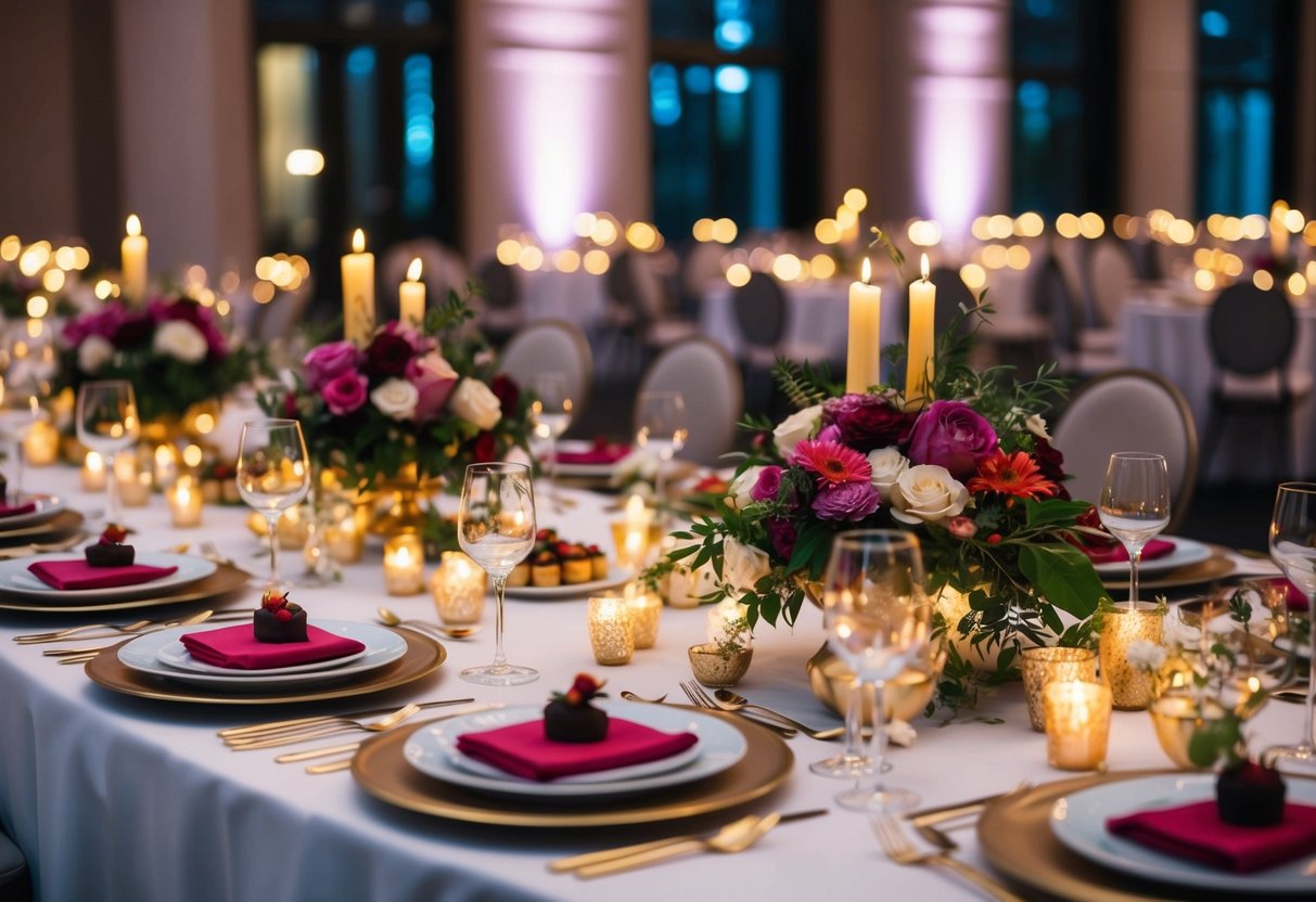 A lavish banquet table adorned with elegant dishes and decadent desserts, surrounded by floral centerpieces and twinkling candlelight
