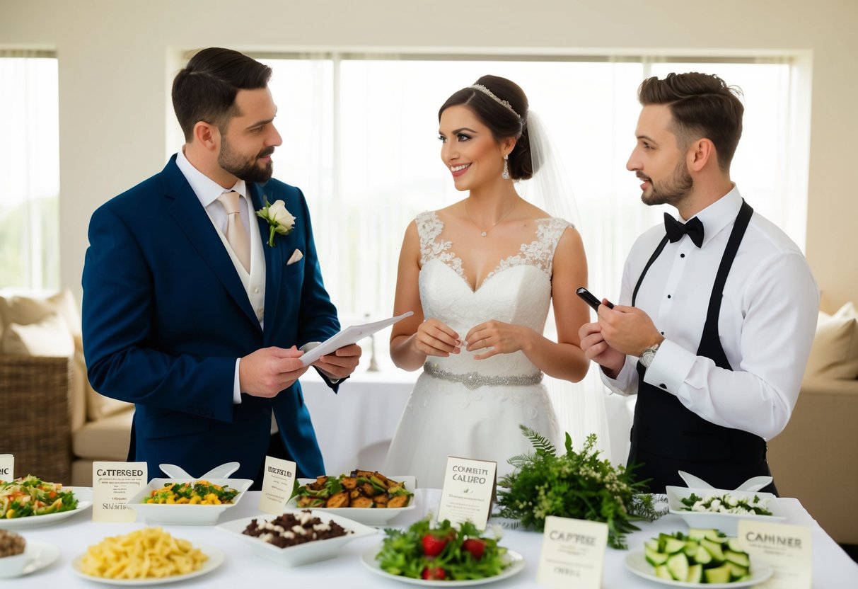 A bride and groom discussing wedding expenses with a caterer, surrounded by food samples and price lists