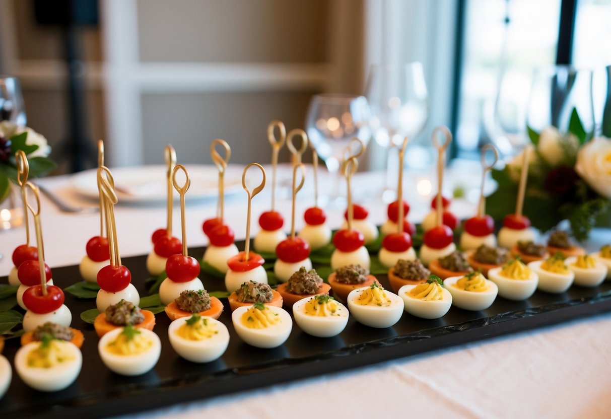 A table filled with elegant hors d'oeuvres, including mini caprese skewers, smoked salmon canapés, and truffle-infused deviled eggs, is set up for the cocktail hour at a wedding