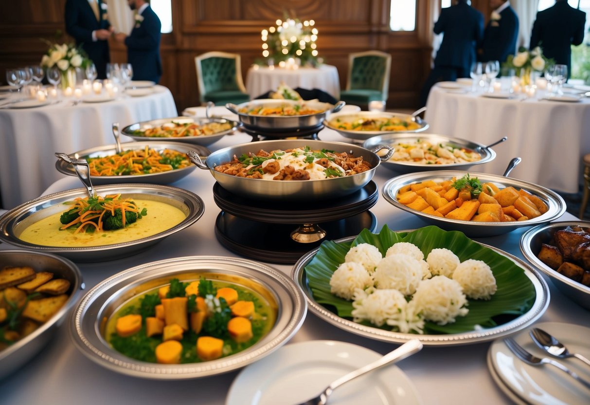 A wedding banquet with a variety of food and drink options, beautifully presented on elegant serving trays and tables