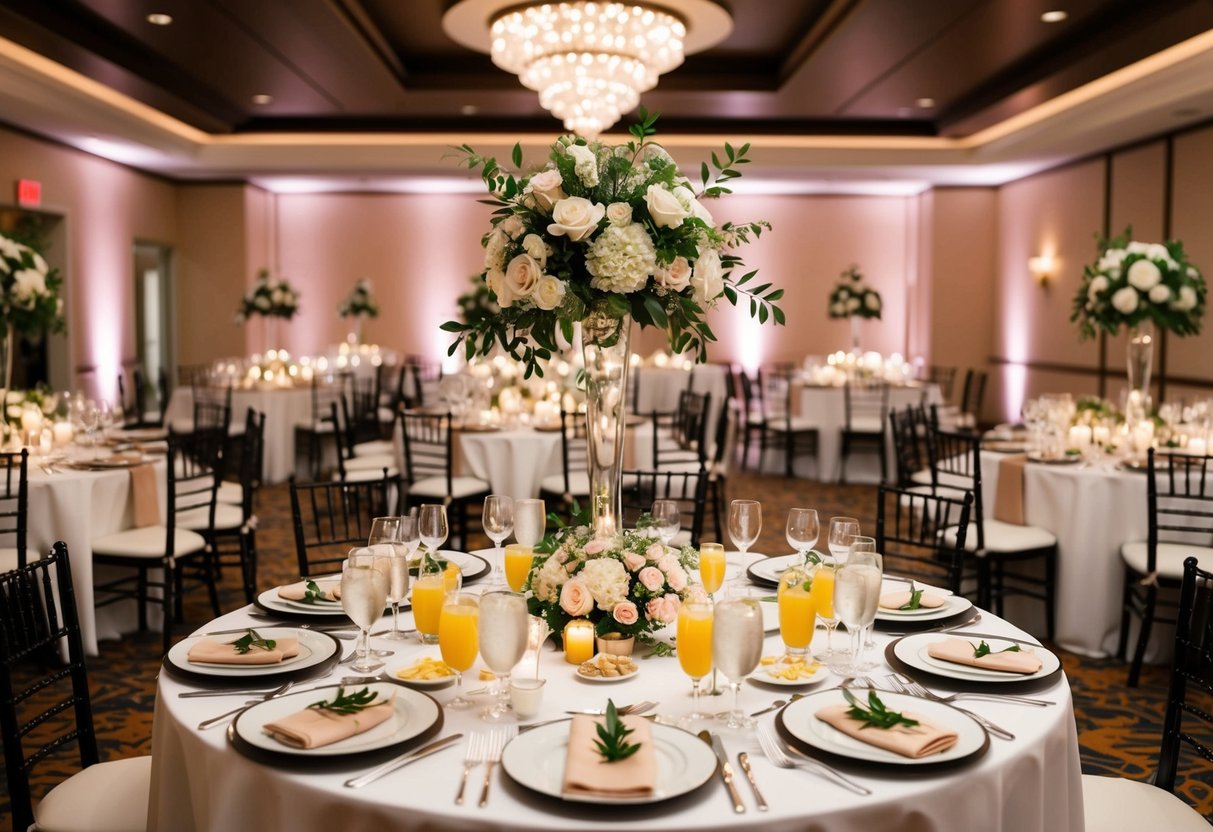 A wedding reception with a beautifully decorated dining area, filled with elegant place settings and a lavish spread of food and drinks