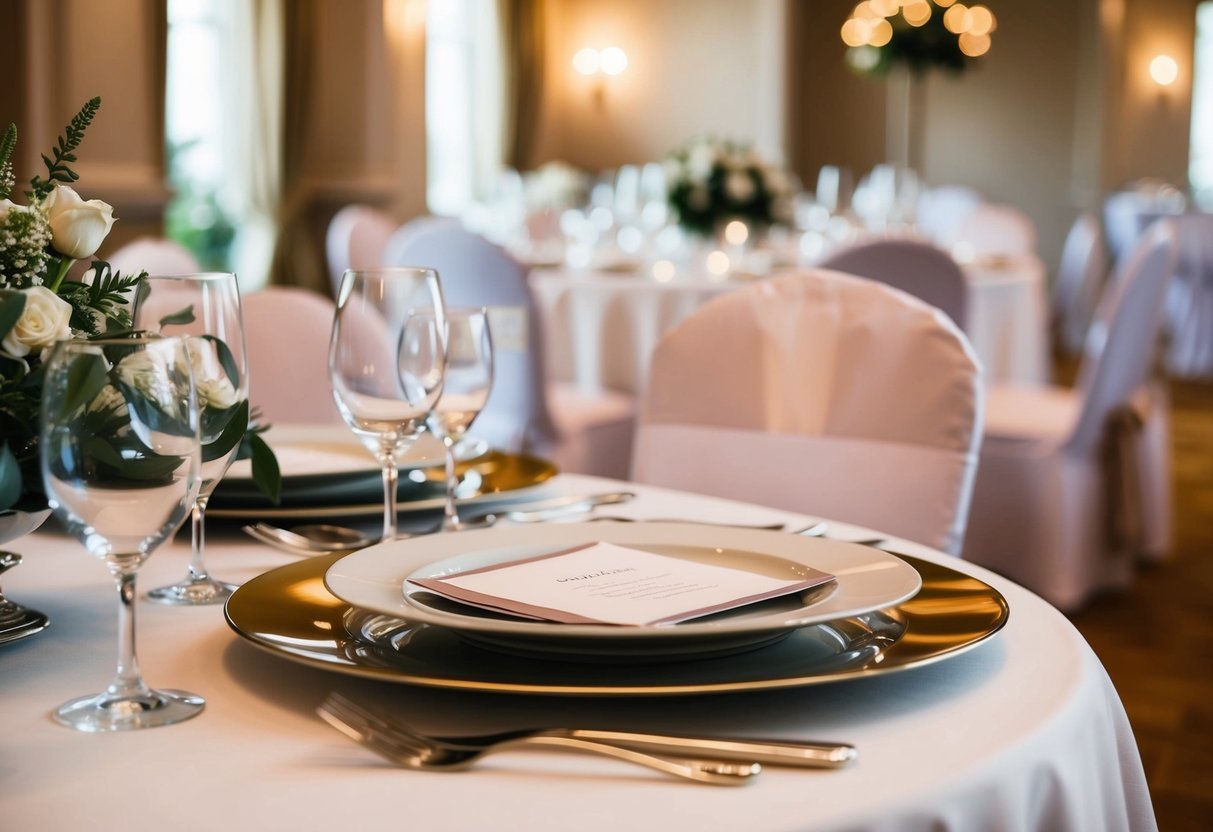 A table set with elegant cutlery and place settings at a wedding venue