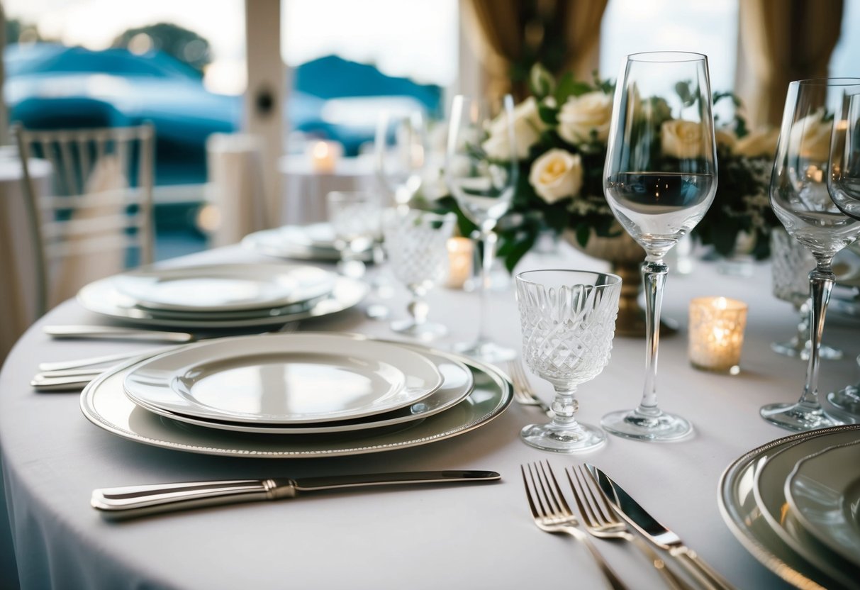 A table set with elegant silver cutlery, fine china, and crystal glassware at a wedding venue