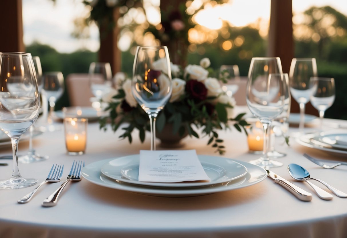 A wedding venue setting with elegant cutlery placed neatly on a table, ready for a romantic dinner celebration