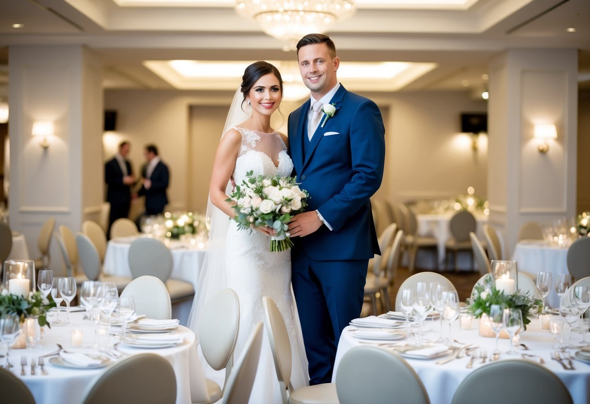 A bride and groom stand in a wedding venue, surrounded by elegant table settings with gleaming cutlery and pristine white linens