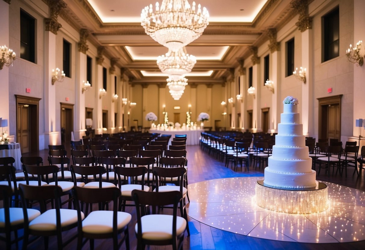 A grand hall with rows of elegant chairs, a towering wedding cake, and a dance floor adorned with sparkling lights