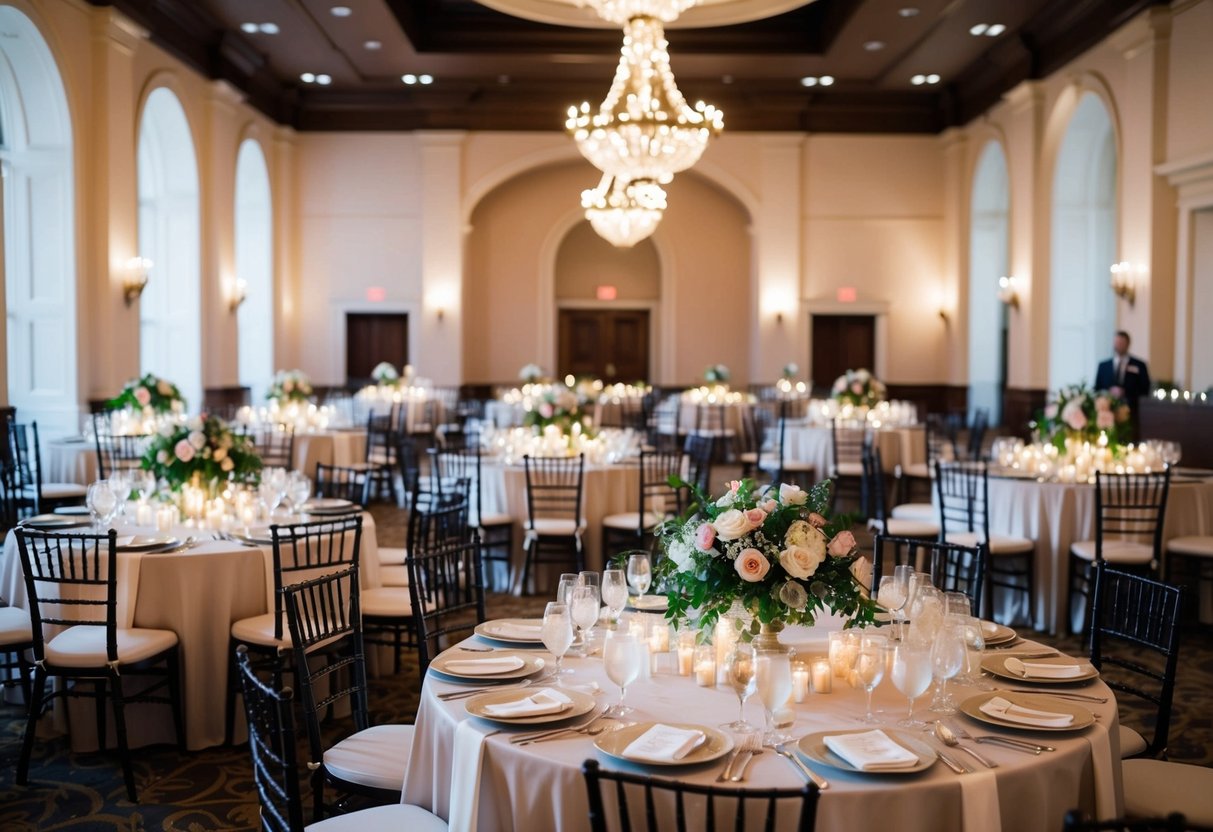 A grand banquet hall with rows of elegantly set tables, adorned with floral centerpieces and twinkling lights, awaits a large wedding celebration