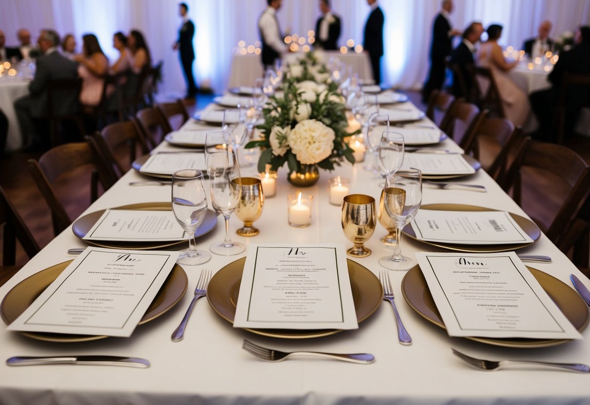 A beautifully set table with multiple menus, each tailored to different dietary accommodations, awaits the guests at a wedding reception