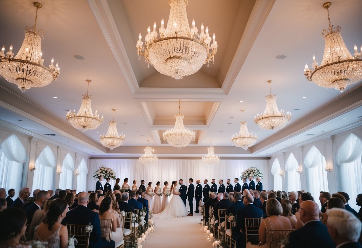 A grand wedding venue with elegant decor and a large guest list
