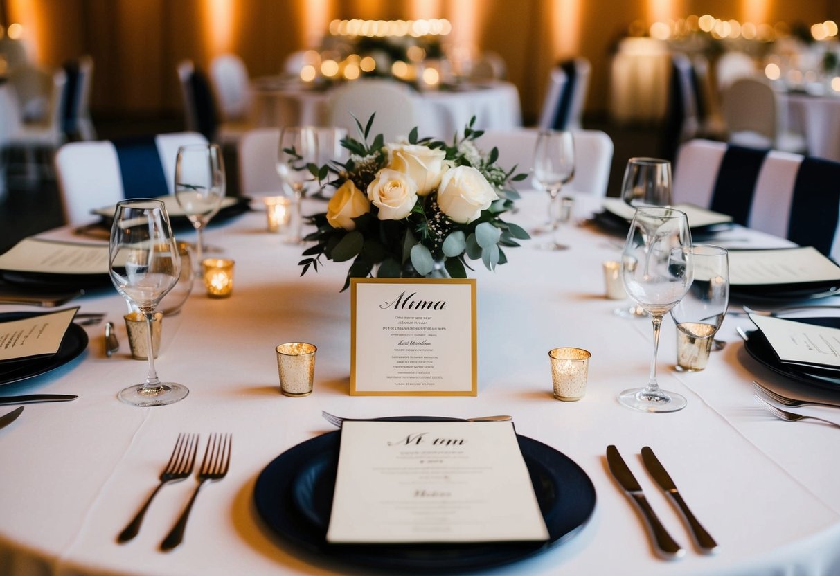 A table set for a wedding reception with individual menus placed at each setting