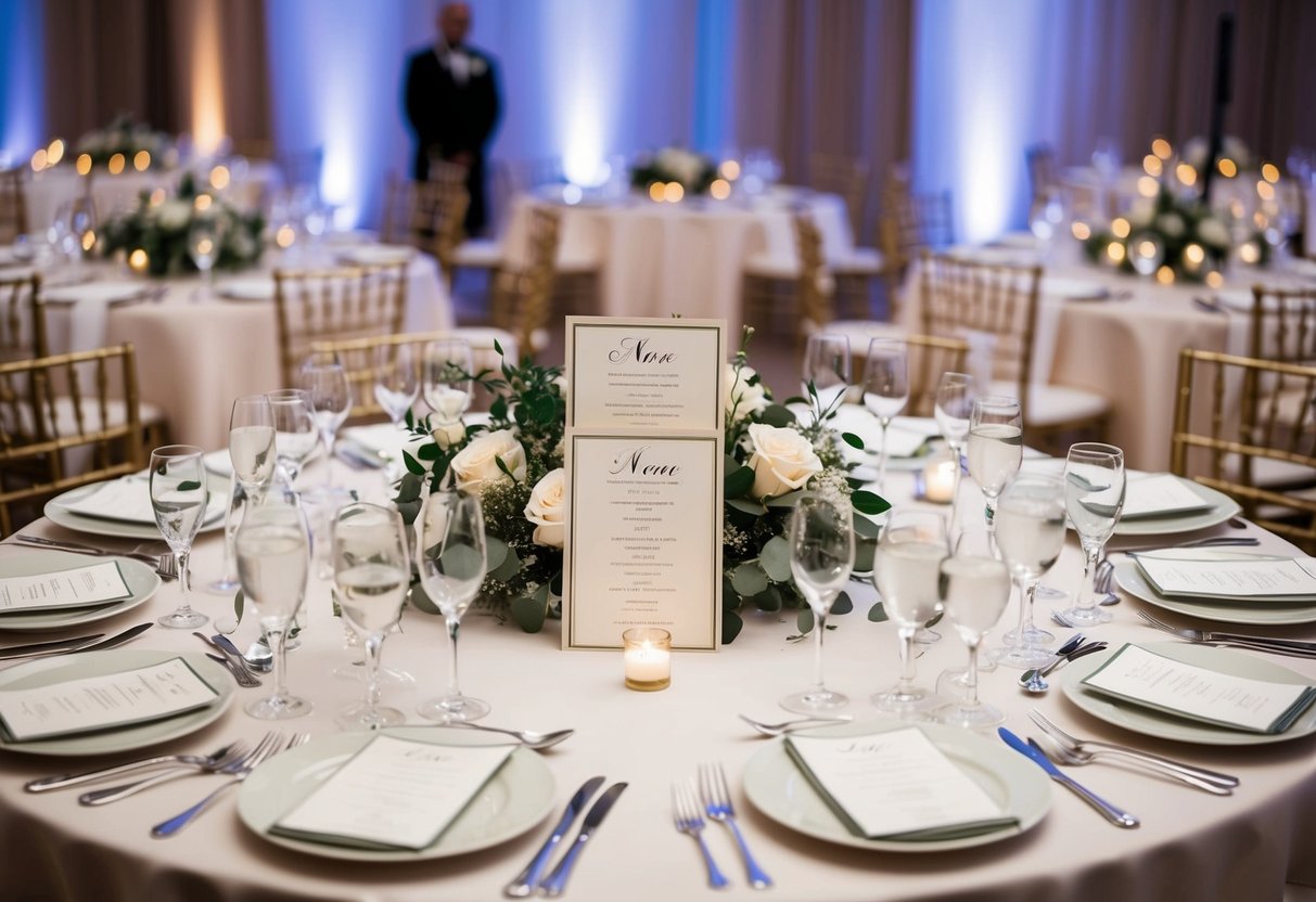 A table set for a wedding reception, with elegant place settings and multiple menus arranged neatly in the center