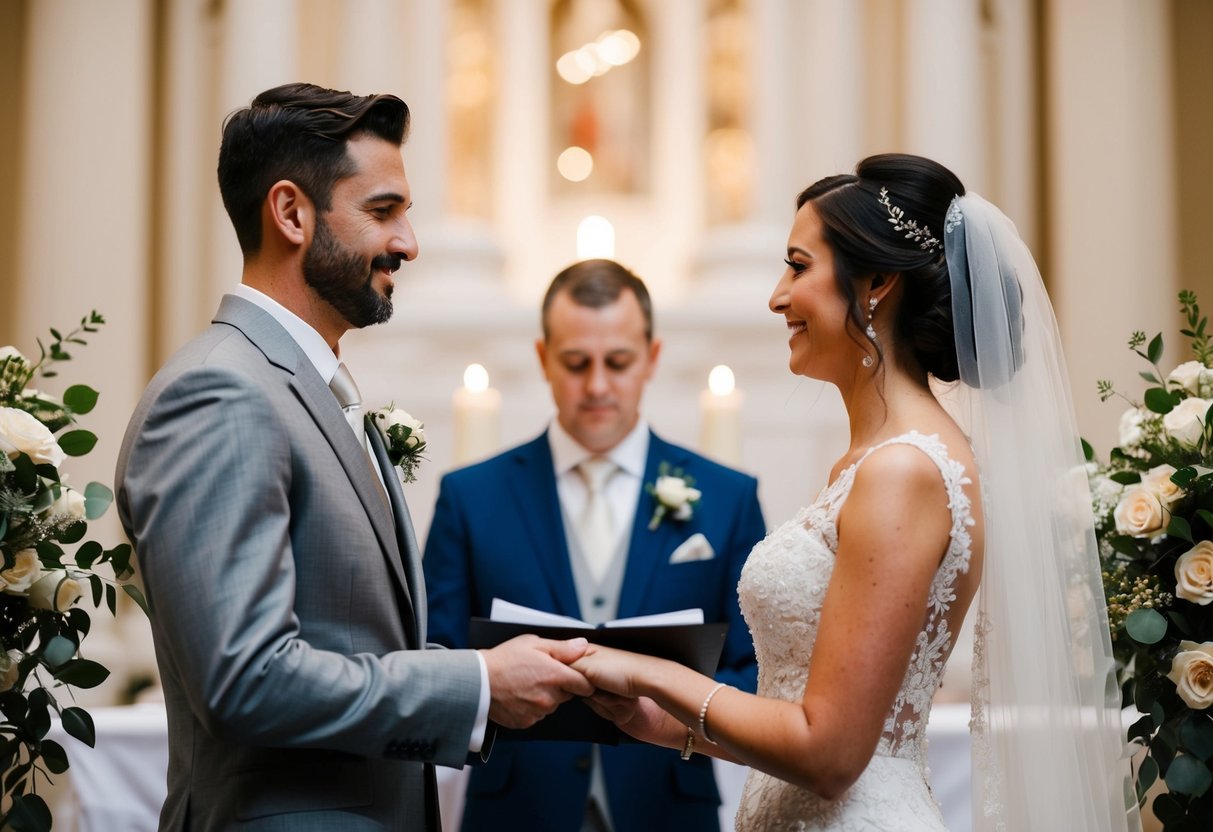 A groom in a grey suit stands at the altar with a bride