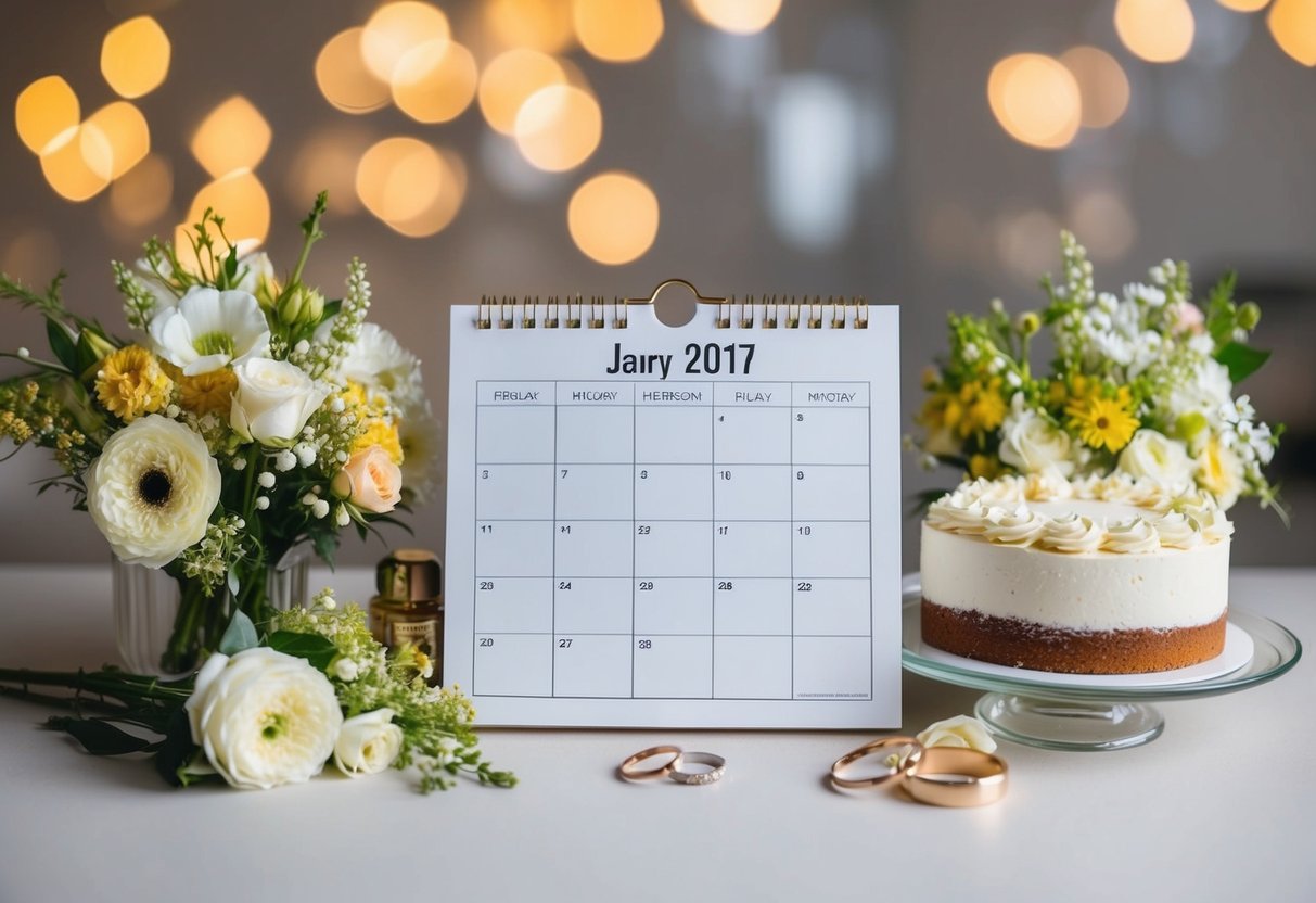 A calendar with a blank space for the month and date, surrounded by wedding-related items such as flowers, rings, and a cake