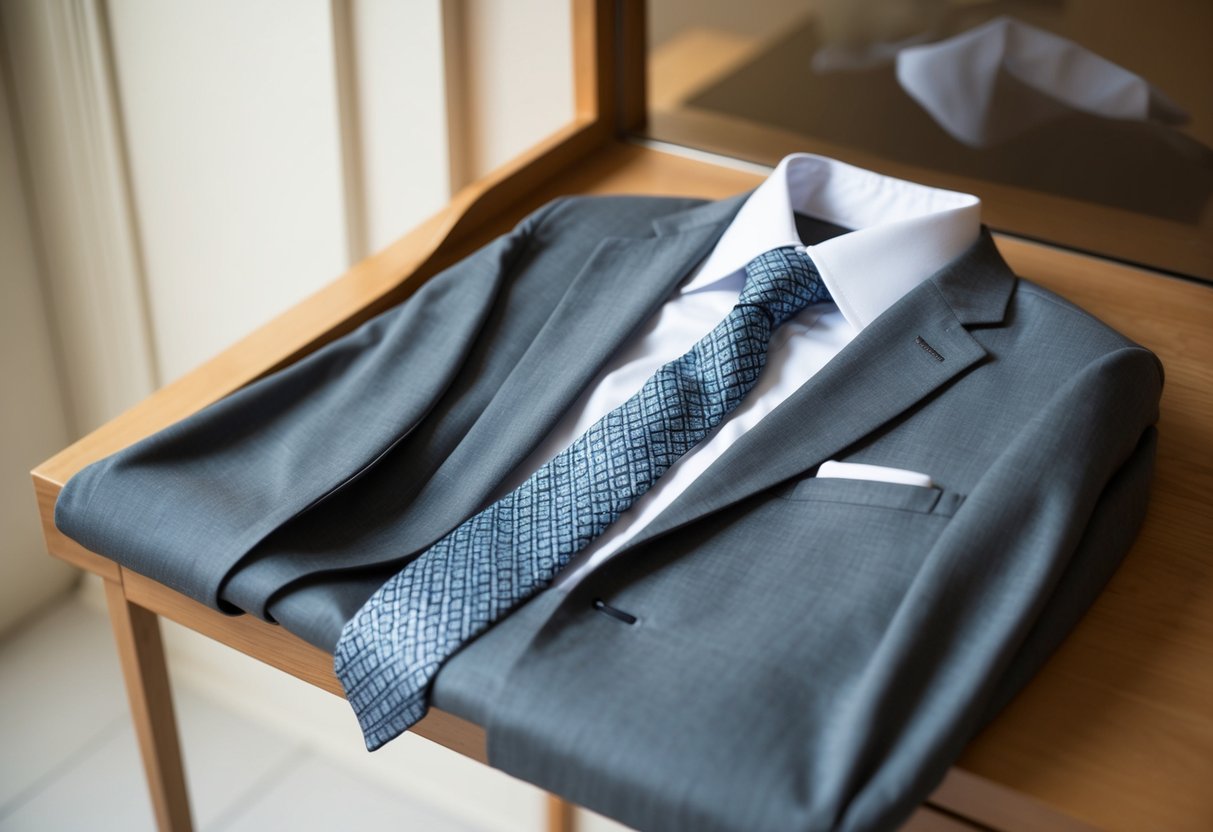 A grey suit with a white shirt and a patterned tie laid out on a clean, wooden dresser