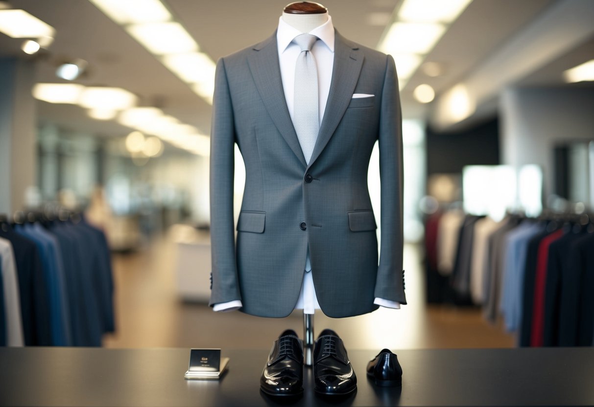 A mannequin wearing a tailored grey suit with a crisp white shirt, a coordinating tie, and polished dress shoes