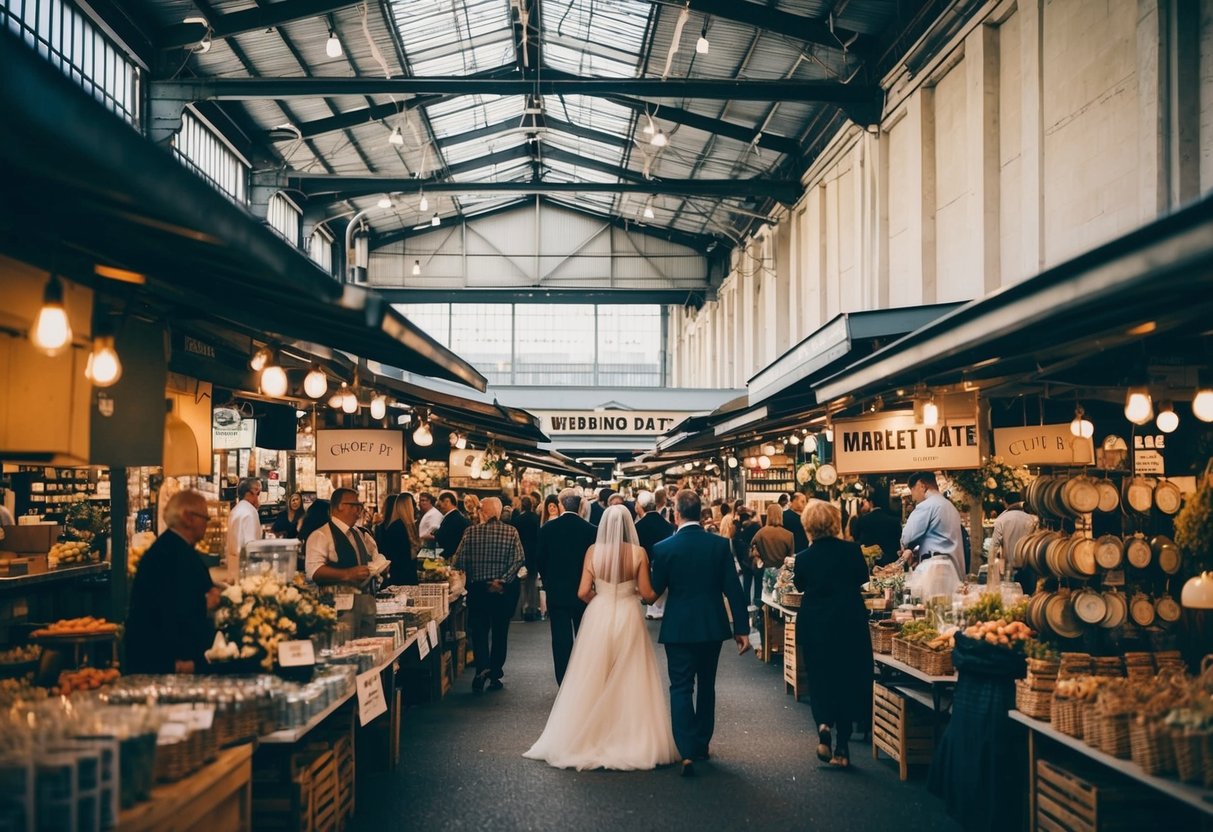 A bustling market with various vendors and an array of venues, showcasing options for a wedding date