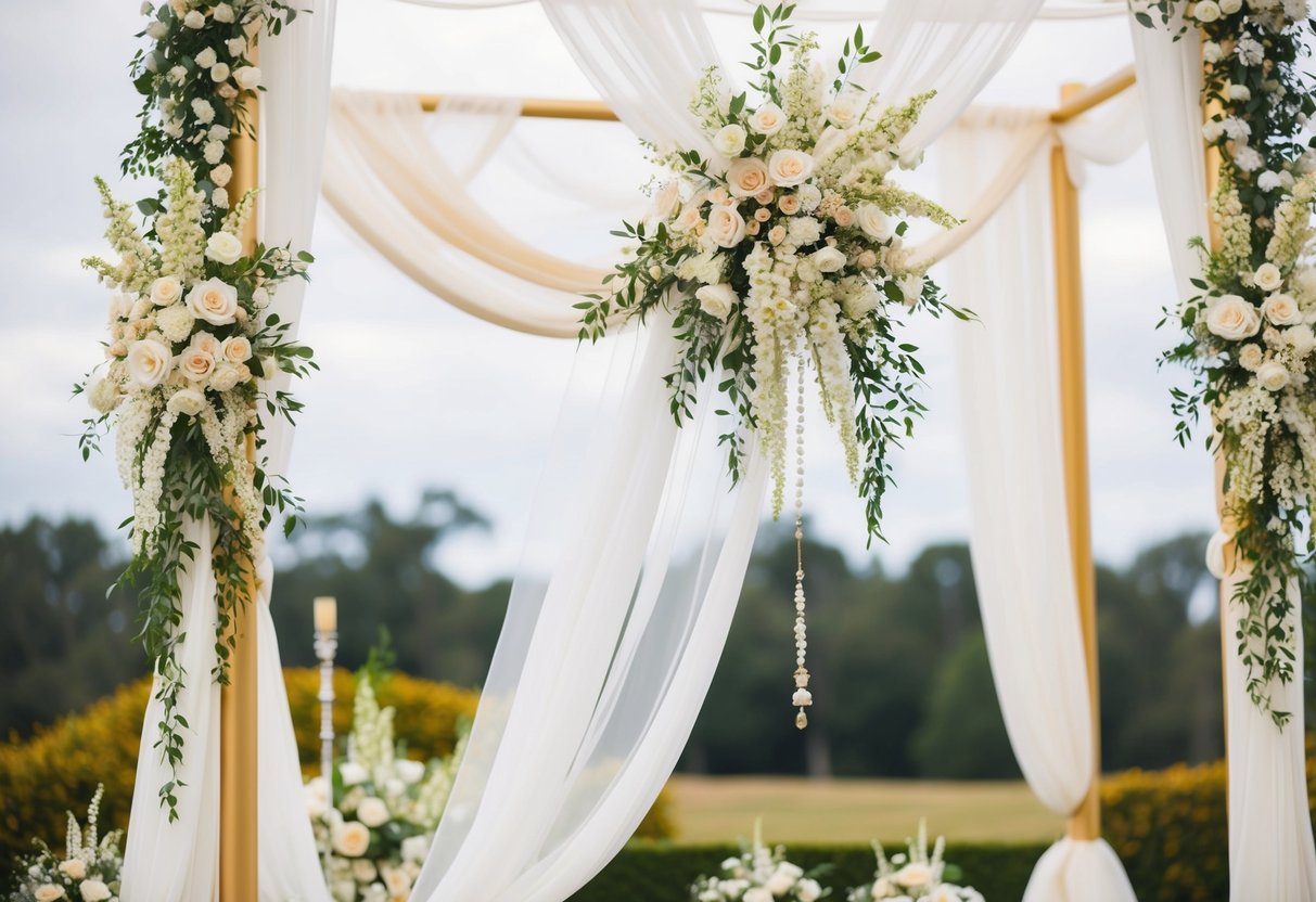 A traditional wedding scene with a white and gold color scheme, featuring elegant floral decorations and ornate details