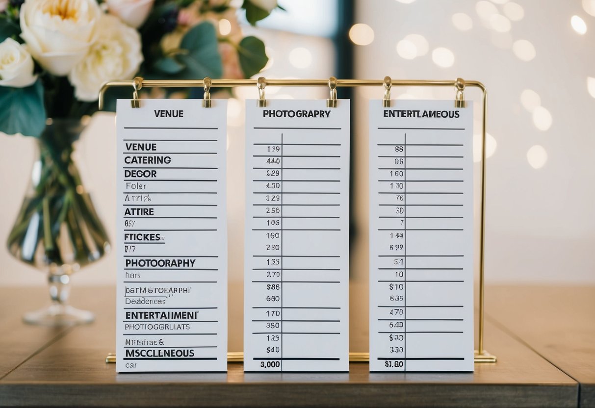 A table with columns labeled "Venue, Catering, Decor, Attire, Photography, Entertainment, and Miscellaneous" with figures and calculations