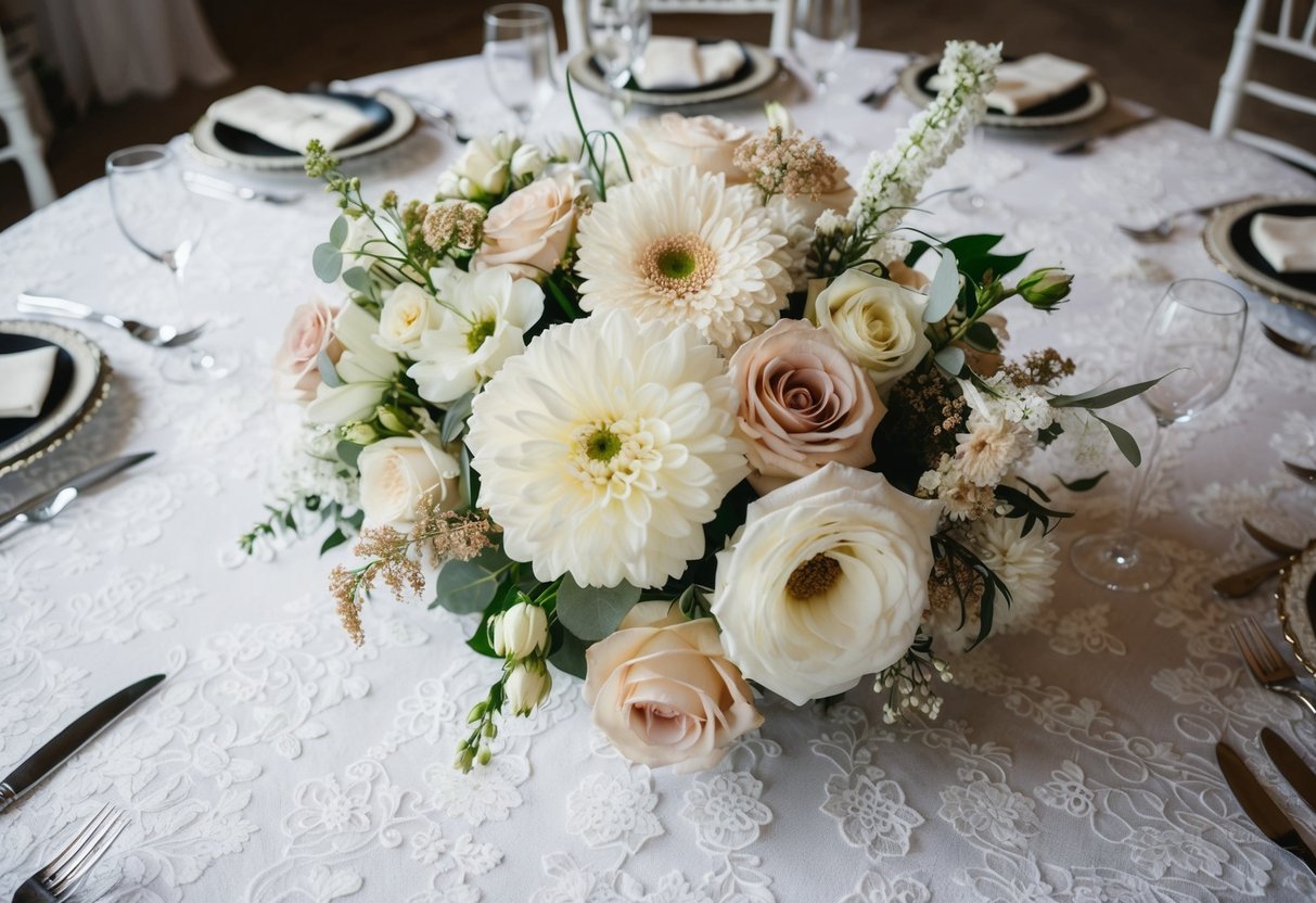 A traditional wedding scene with a white lace tablecloth adorned with flowers in shades of white, cream, and blush, accented with gold and silver details