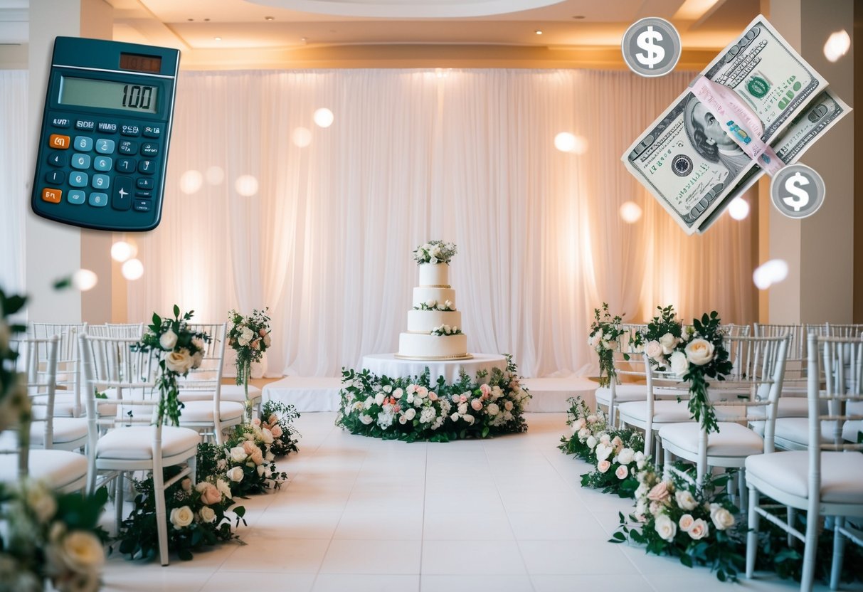 A wedding venue with 100 seats, surrounded by floral decorations and a cake table, with a budget calculator and currency symbols in the background